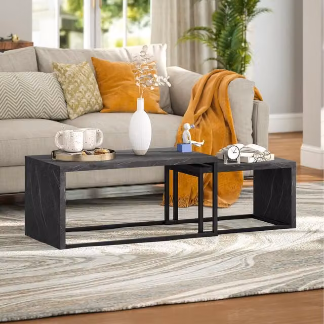HOMCOM 2 Piece Modern Nested Coffee Table Set with Dark Grey Marble Effect Glossy Finish