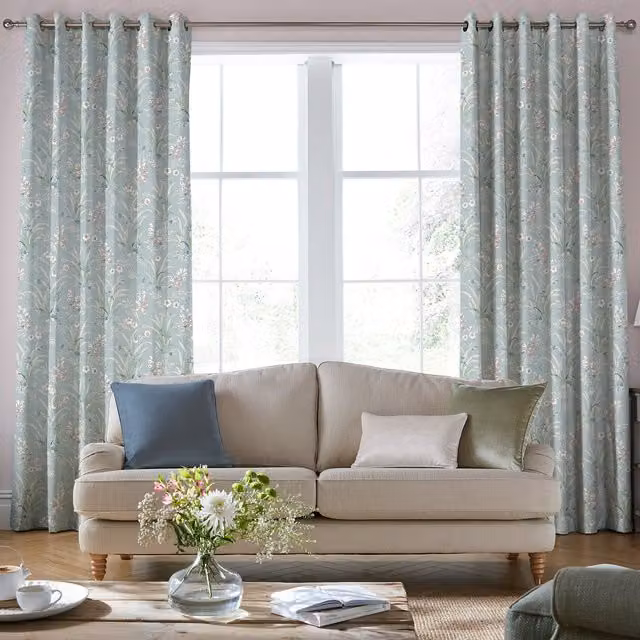 Laura Ashley Mosedale Posy Made to Measure Blackout Eyelet Curtains in Dark Duck Egg Blue
