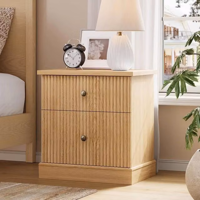 VOGREX Modern 2-Drawer Wooden Bedroom Bedside Cabinet in Light Oak and Brown
