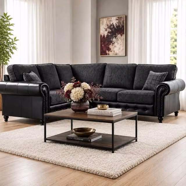 SquareBoxx Harrington Black Aire Synthetic Leather L-Shape Corner Sofa with Cord Cushioning, W: 240 cm, D: 85 cm, H: 75 cm