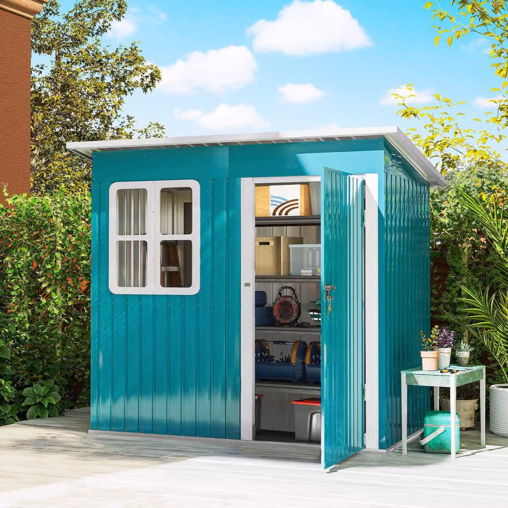 Rolipo Galvanised Steel Pent Garden Shed with Window and Lock, Green/Teal, W/D/H: 213.36 x 121.92 x 182.88 cm – 2
