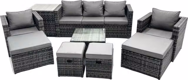 Fimous 9 Seater Patio Lounge Sofa Set in Grey with Coffee Table and Ottomans – 1