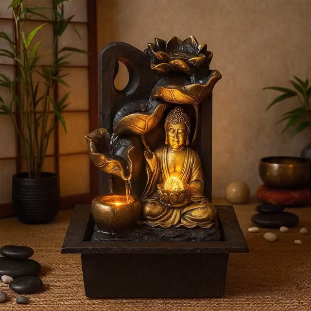 GEEZY Gold Buddha Statue Tabletop Water Fountain with Multicolour LED Lights