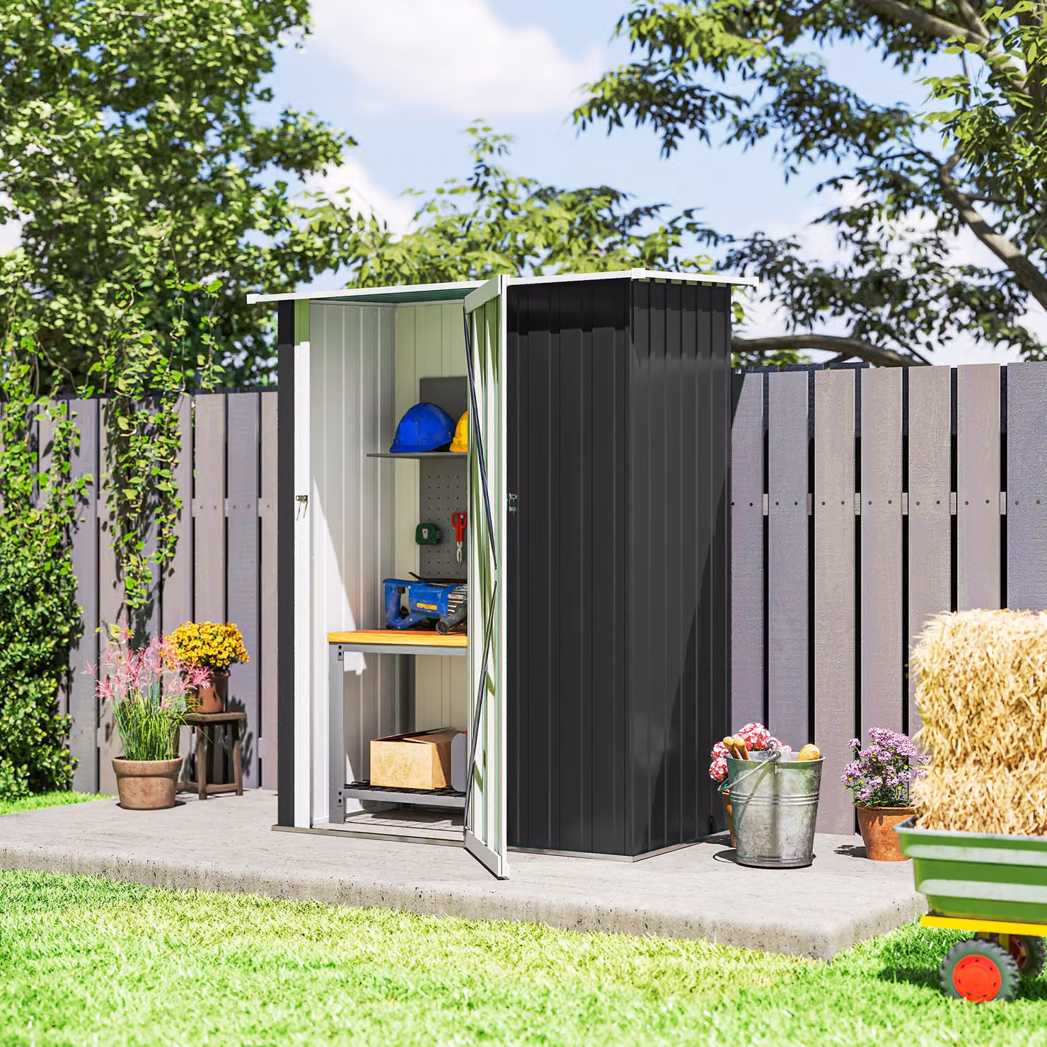 Outsunny Grey Garden Storage Shed with Sloped Roof and Lockable Door, W/D/H: 142 x 84 x 189 cm – 7