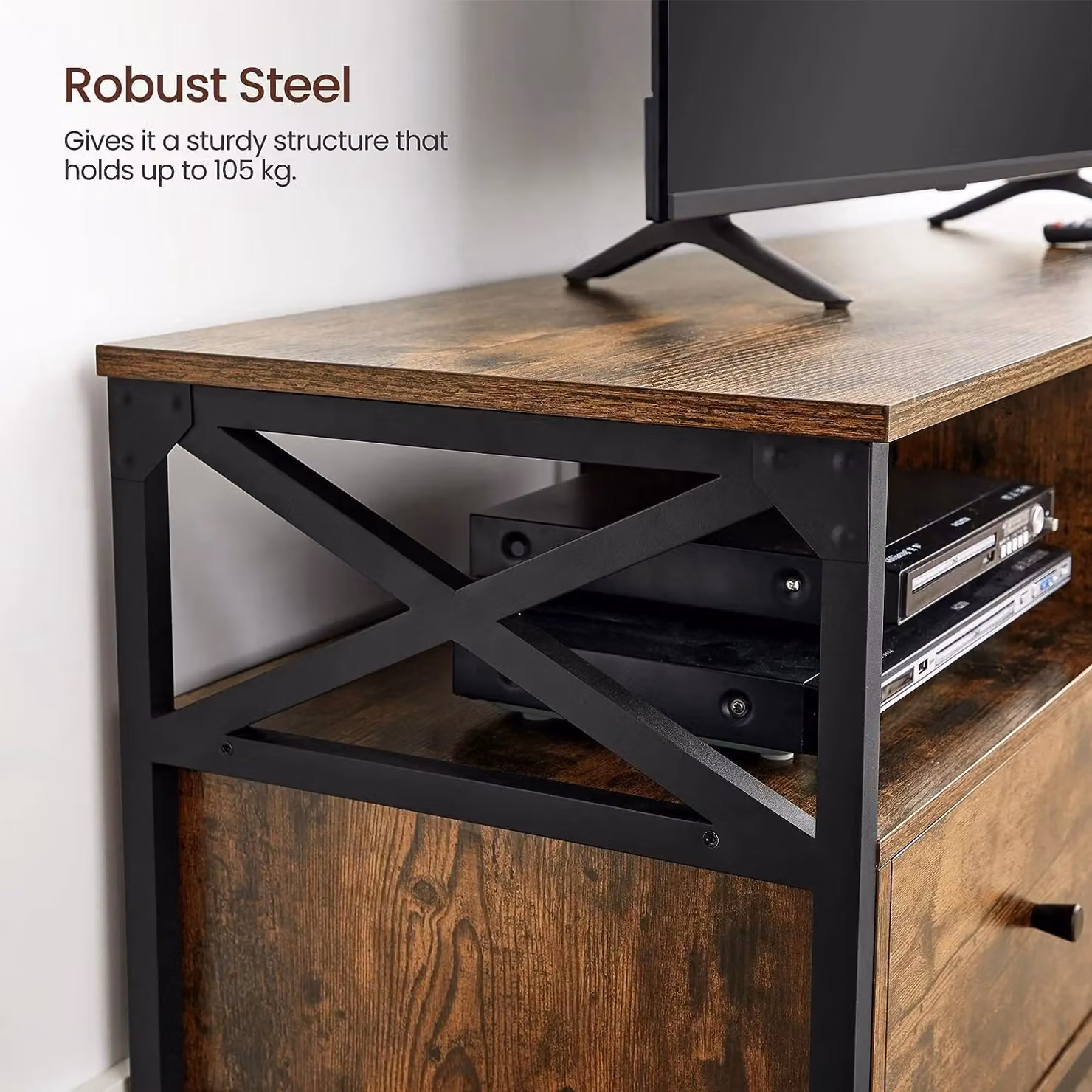 VASAGLE Industrial TV Stand Cabinet with 3 Drawers and 3 Open Shelves in Brown – 5