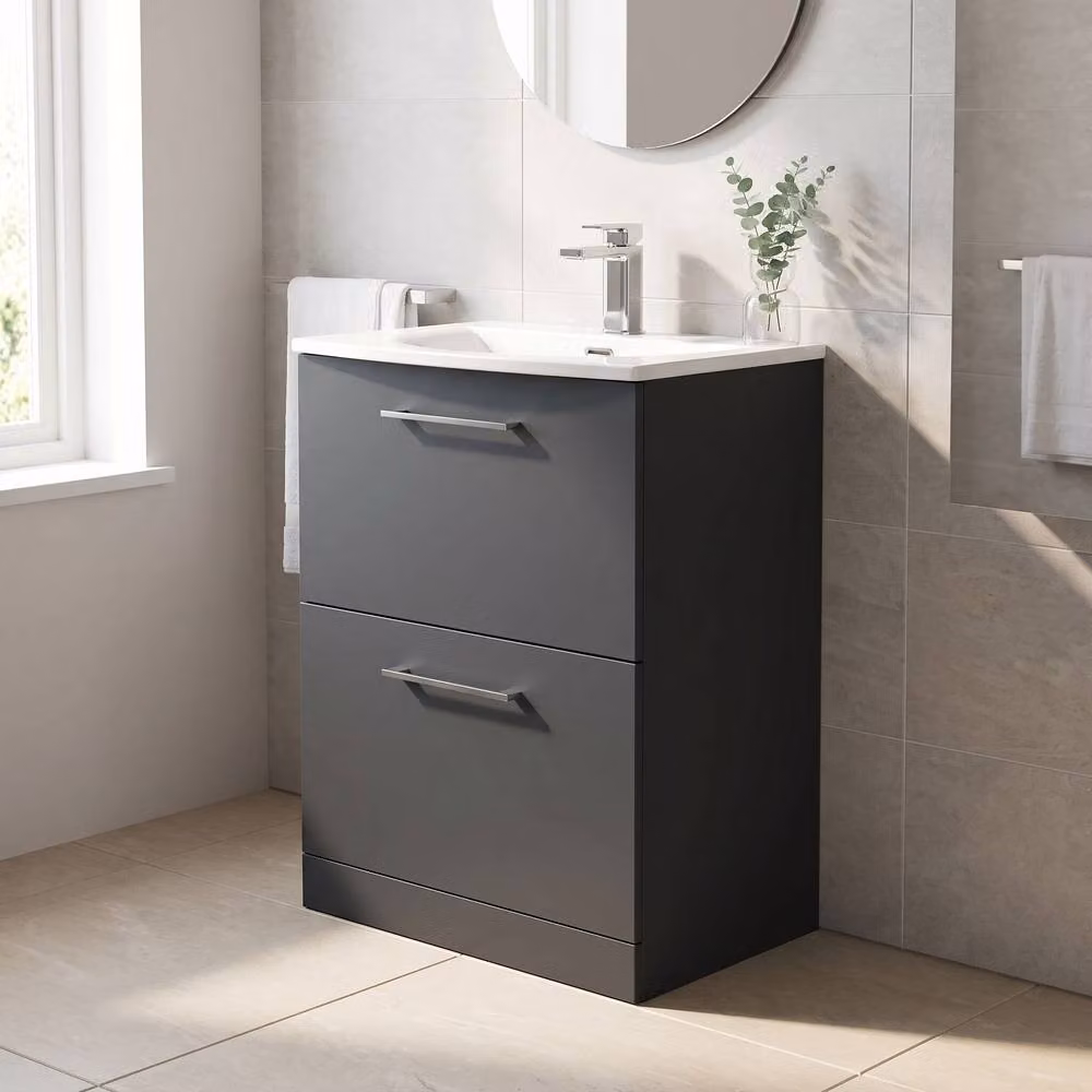 Balterley Modern 2-Drawer Curved Basin Vanity Unit in Matt Dark Grey, Width: 60 cm – 2