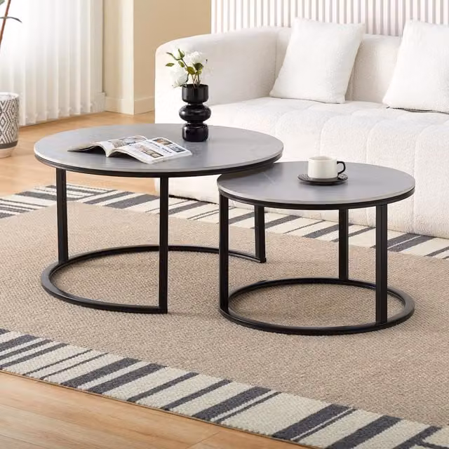 Comfy Living Dual Sintered Stone Nested Coffee Table Set in Grey and Black