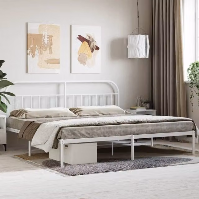 Berkfield Home Metal Bed Frame with Headboard in White W: 193 cm, D: 203 cm