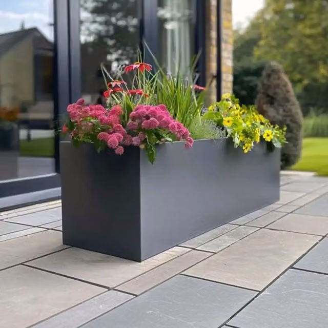 Grey Galvanised Steel Trough Planter with Woven Wood Detail, Width: 120 cm