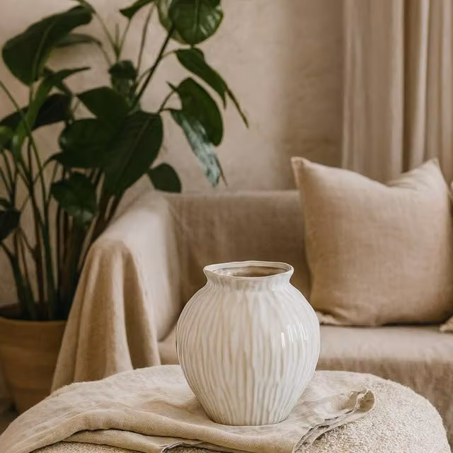 Wyld Haus Windmere White Round Textured Ceramic Tabletop Vase, H 22.0 cm x W 20.0 cm x D 20.0 cm