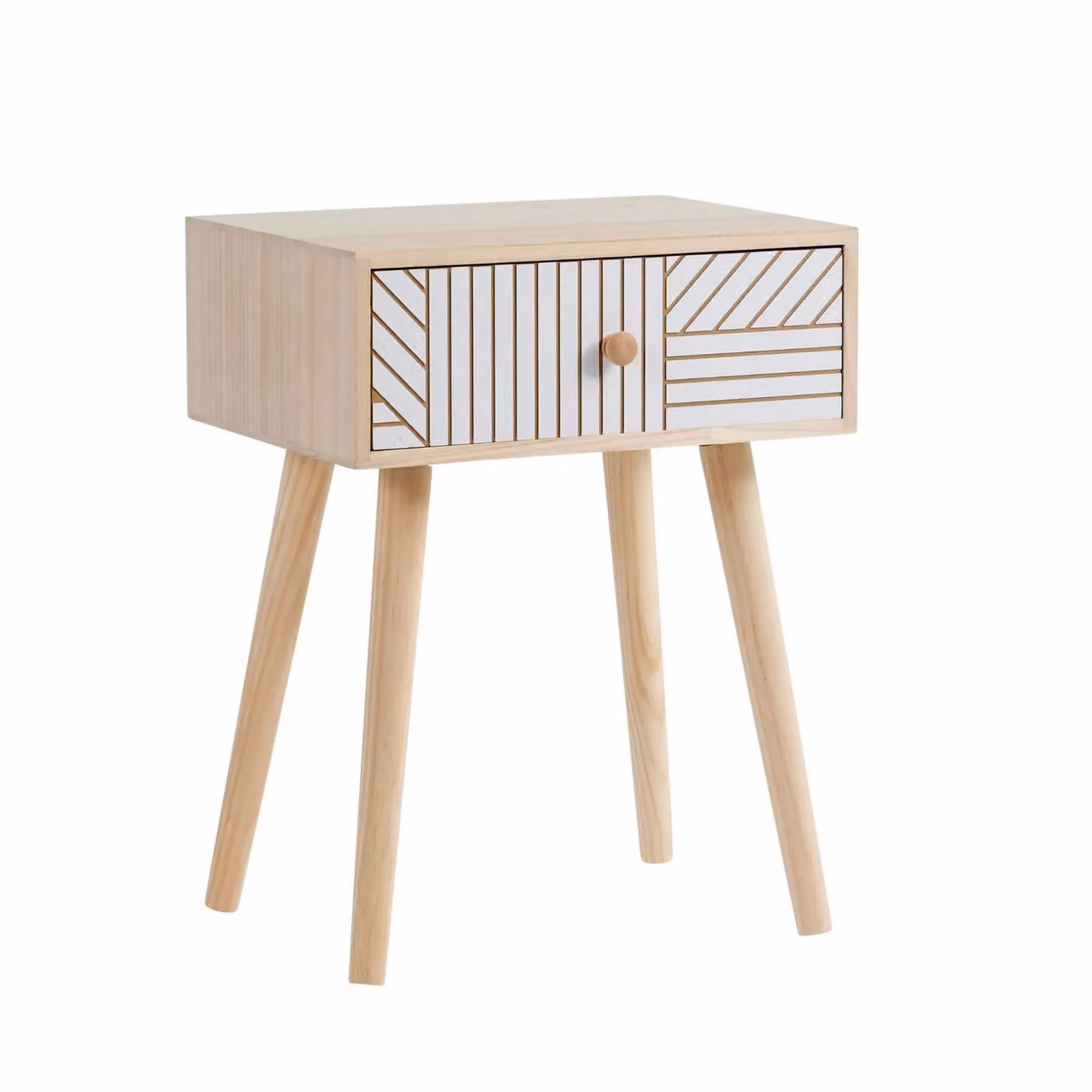 Home Source White Scandi Style Bedside Table with One Drawer and Pine Wooden Legs – 4