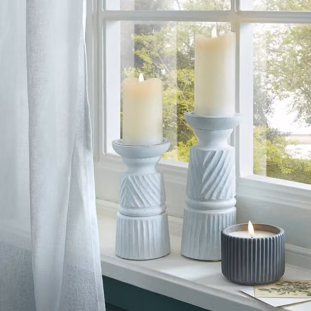 KDMK Large Carved Pillar Candle Holder, White Abstract Sculptural Tabletop Decor