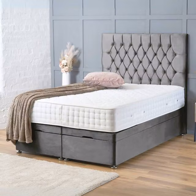 BSSPOKE Mia Ottoman Divan Bed in Grey Plush Velvet with 54 inch Headboard, W/D/H: 140 x 200 cm – 1