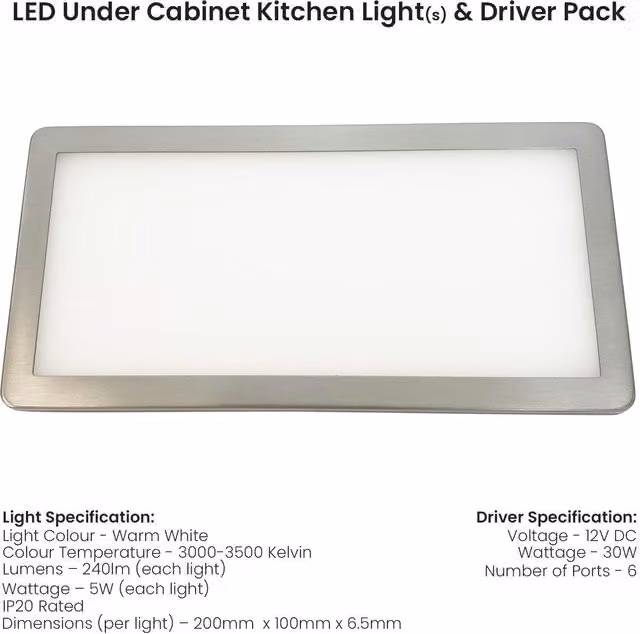 Loops 6x Ultra-Slim Rectangle Under Cabinet Kitchen LED Light and Driver Kit in Brushed Nickel with Warm White Diffused Light