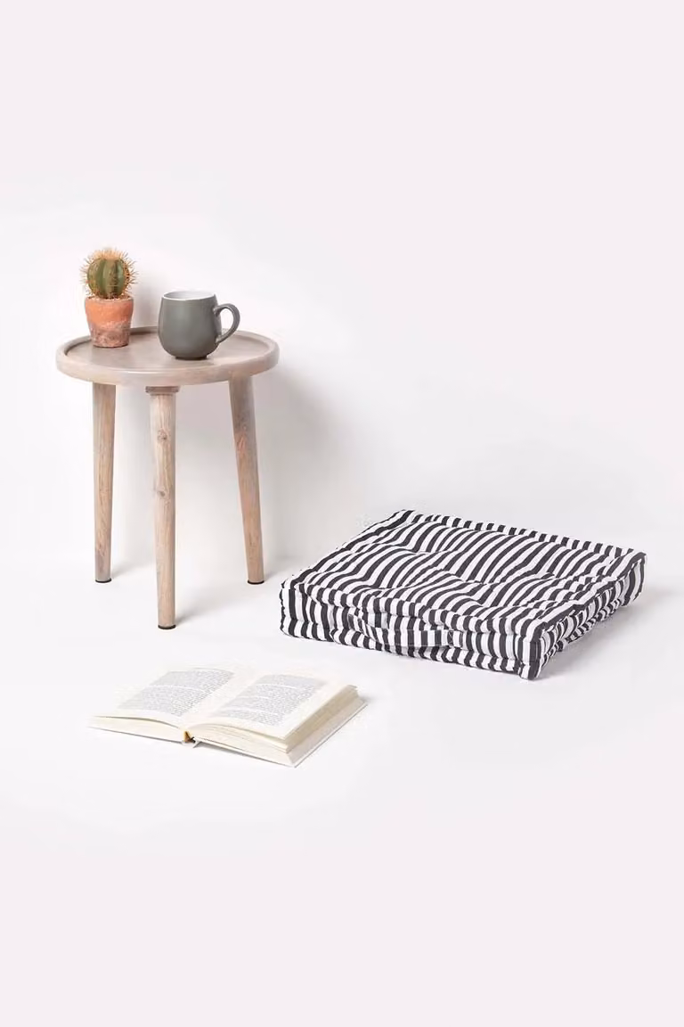 Homescapes Black and White Pin Stripe Cotton Floor Cushion, W/D/H: 40 x 40 x 8 cm