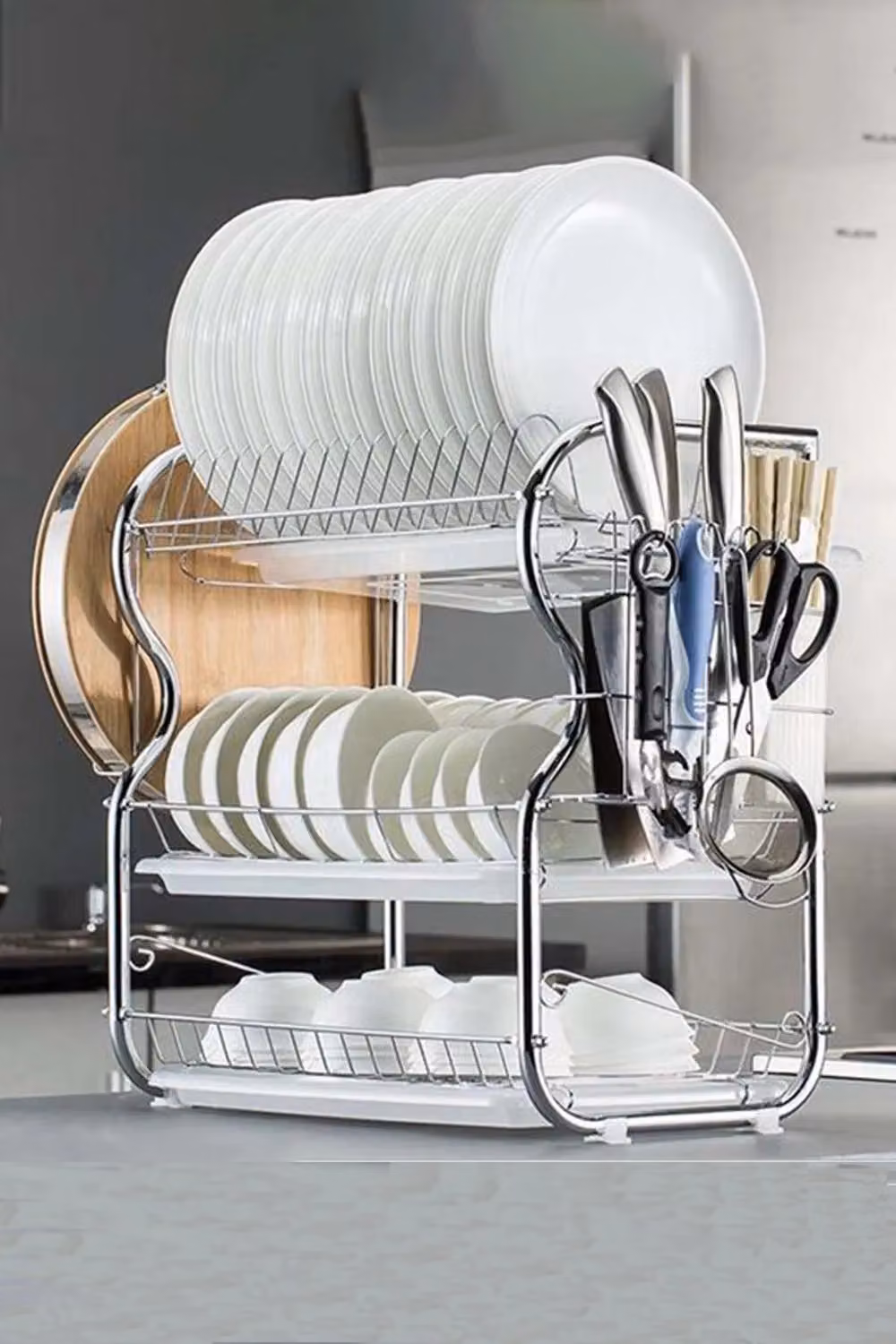 Living and Home 3 Tier Stainless Steel Dish Drainer Rack with Drip Tray and Utensil Hooks in Silver – 3