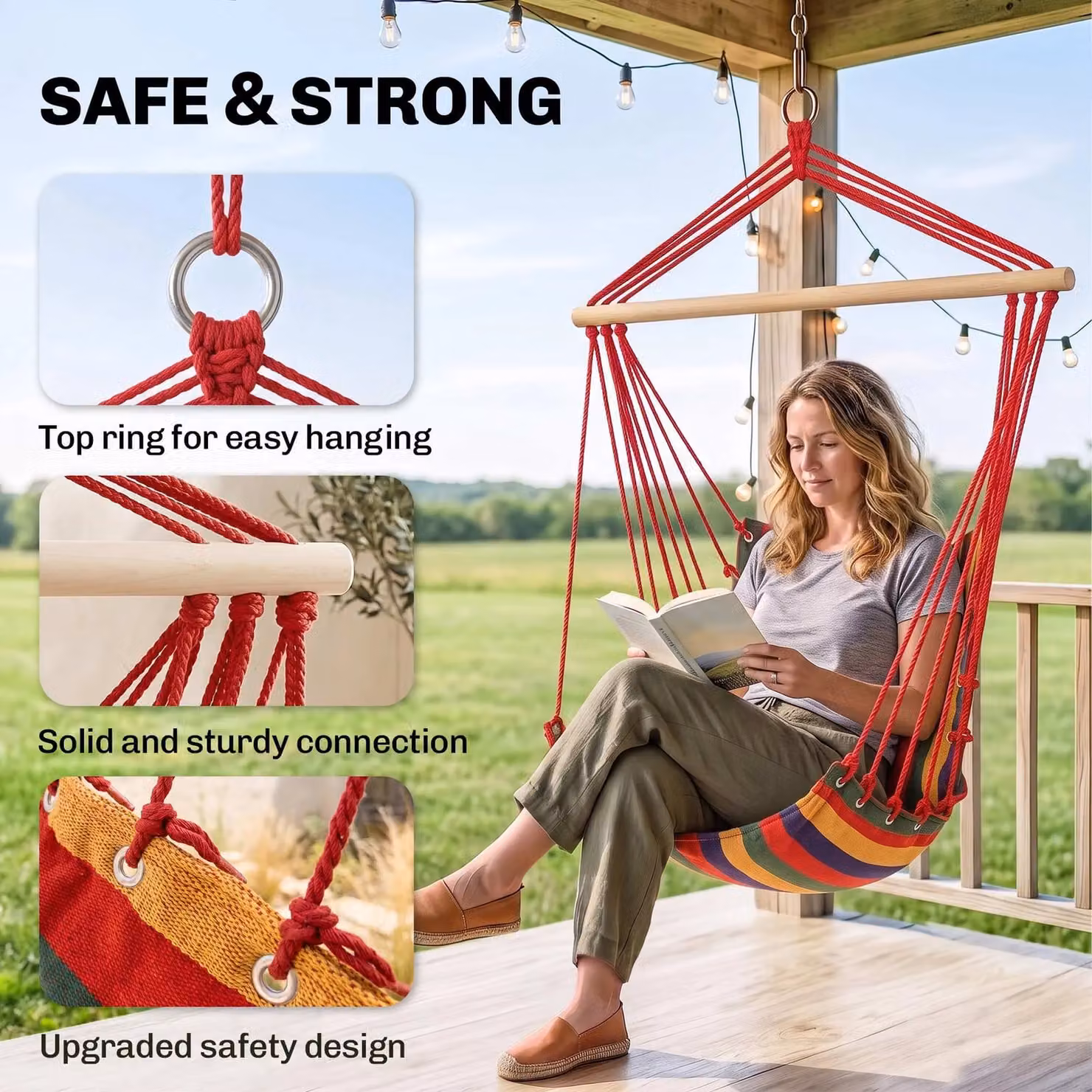 OUTSUNNY Striped Hammock Chair Swing with Cushions in Multicolour – 3