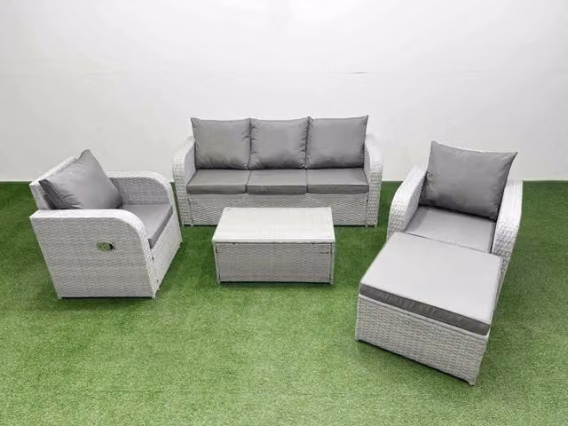 Fimous PE Rattan Garden Furniture Set in Light Grey with 3-Seater Sofa, Reclining Chairs, Oblong Coffee Table and Ottoman
