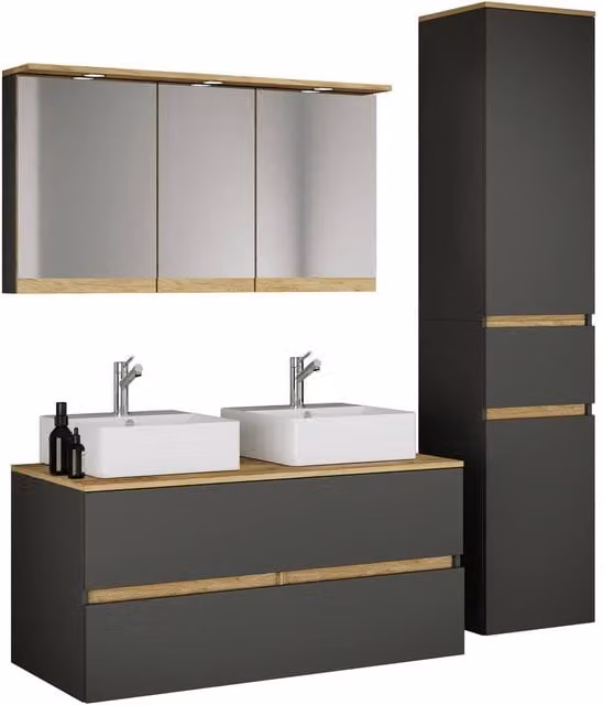 VCM Cosila-A 111 Grey Matt Bathroom Furniture Set with Vanity Unit, Mirror Cabinet and Tall Cabinet – 1