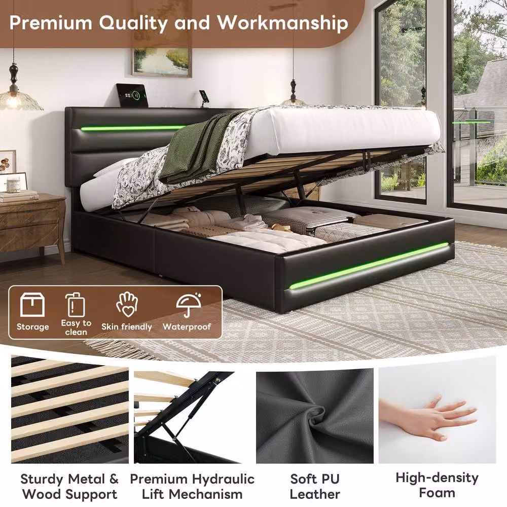 Matteo Double Upholstered Ottoman Storage Bed Frame in Black with LED Lighting and USB Charging Port – 5