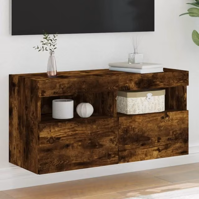 Berkfield Home Modern Wall Mounted TV Cabinet with Integrated LED Lights in Smoked Oak Brown, W: 80 cm, D: 30 cm, H: 40 cm