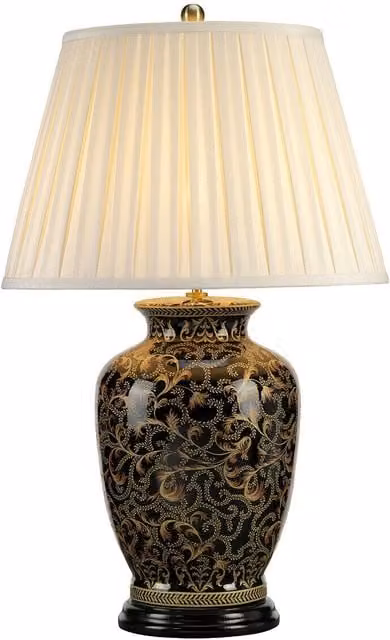 Loops Ceramic Table Lamp with Beige Fabric Double Pleat Shade in Gold and Black, E27 60W – 1