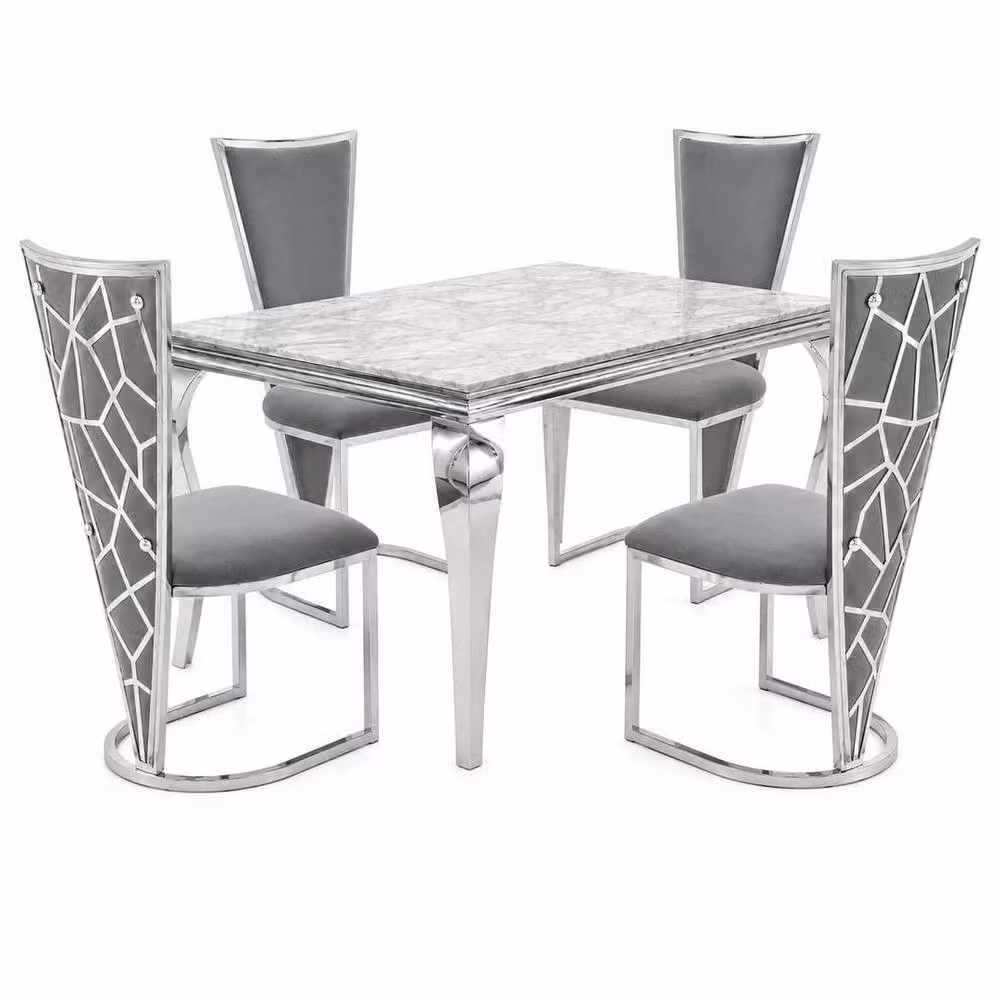 Home Luxe Interior Marble Dining Table and 4 Vienna Silver Grey Velvet Chairs Set, W: 120 cm – 2
