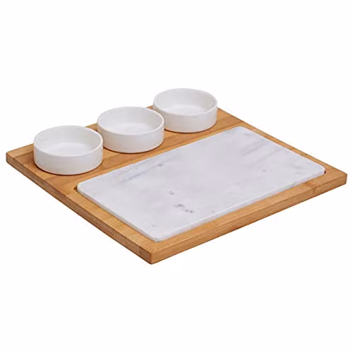 Orsina 5-Piece White Marble and Ceramic Serving Board Set with Bamboo Wood Tray – 1