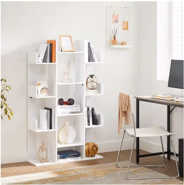 VASAGLE Modern Tree-Shaped Freestanding Bookcase with 13 Shelves in White