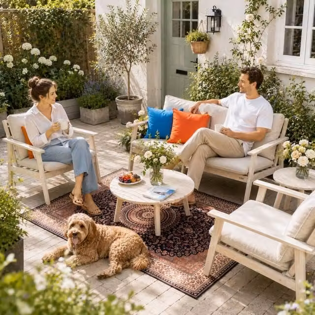 Direct Wicker 4 Piece Outdoor Garden Furniture Set with Three Seater Sofa and Coffee Table in Beige Acacia Wood – 1