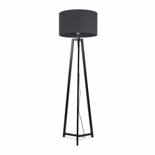 ValueLights Black Wood Tripod Floor Lamp with Charcoal Grey Fabric Drum Lampshade and Included LED Bulb
