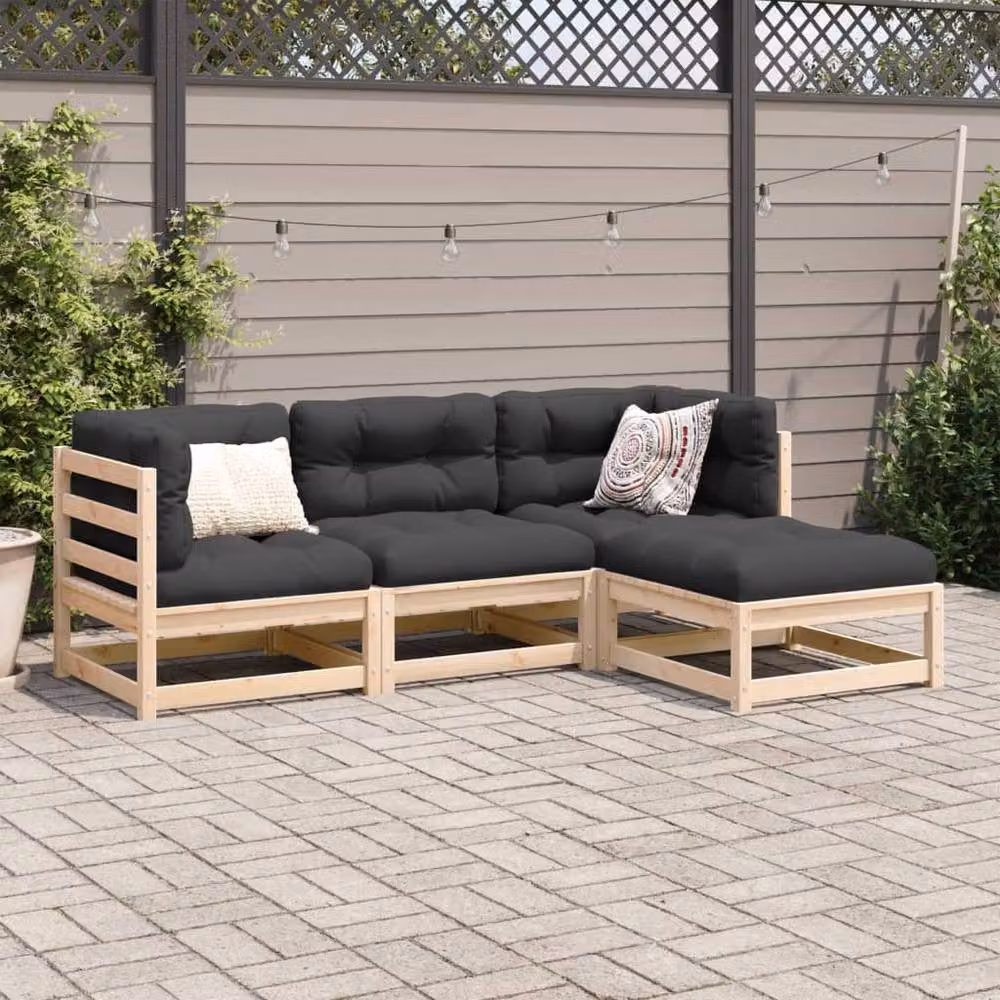 Berkfield Home 4 Piece L-Shape Garden Sofa Set in Brown Solid Pine with Grey Fabric Cushions – 2