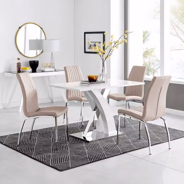 FurnitureboxUK Atlanta White Gloss and Chrome Rectangle Dining Table and 4 Isco Dining Chairs in Cappuccino