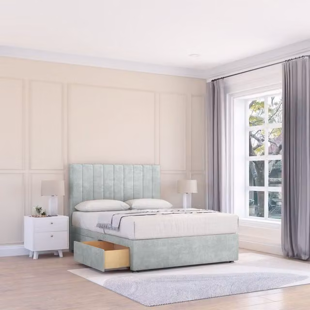 Sloomy Kansas Small Single Divan Bed Base with 2 Drawers and 54 inch Floor Standing Headboard in Silver Fabric