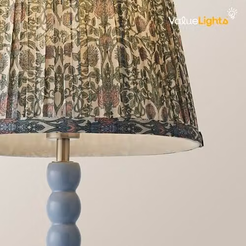 ValueLights Bobbin Bobble Table Lamp with Floral Pleated Tapered Shade in Blue and Green – 3