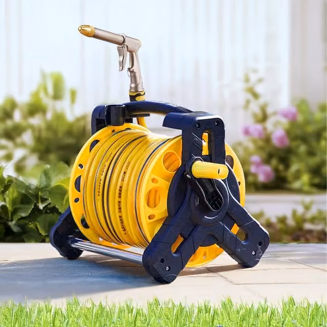 Komore Portable Freestanding Garden Water Hose Pipe Reel Cart Set, Yellow and Black, 25m