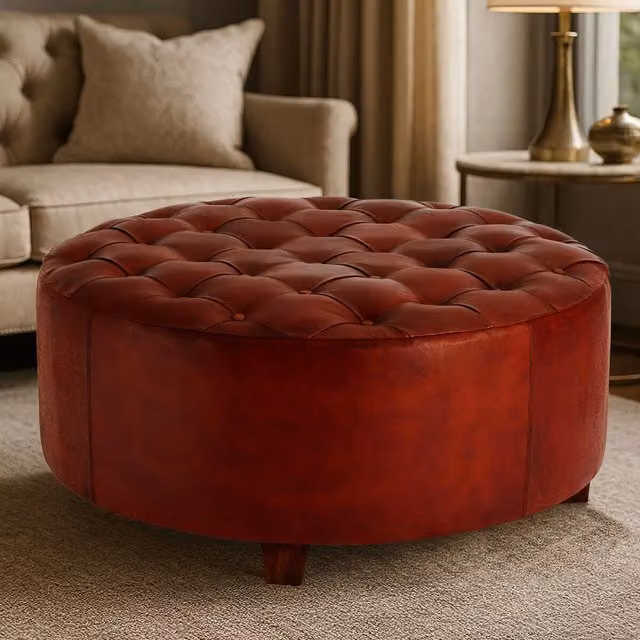 Orsina Modern Brown Leather Cylindrical Button Tufted Stool – 2