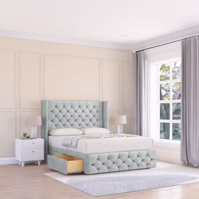 Sloomy Luthor Naples Wingback Bed Set in Silver Velvet with 2 Drawers and Floor Standing Headboard, Size: King (W/D/H: 180 x 200 cm)