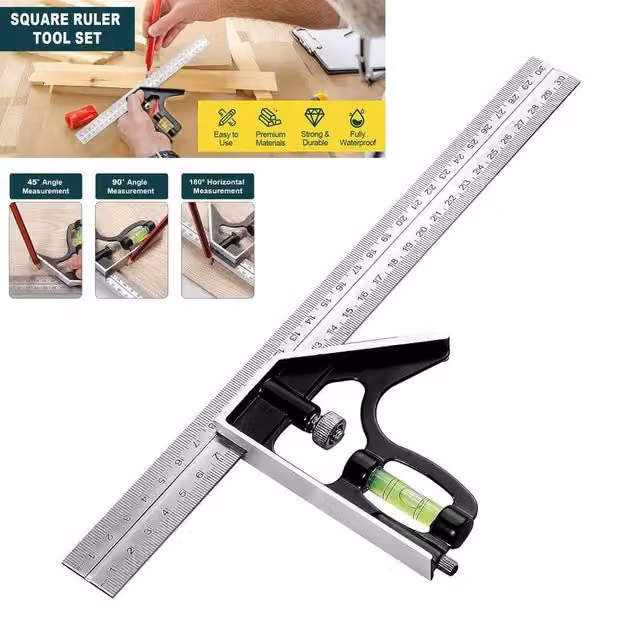 ATEK Square Ruler Tool Set with 300mm Scale and 45/90 Degree Bubble Level in Silver – 1
