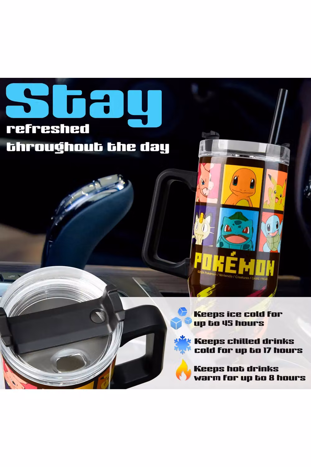 Pokemon Insulated Travel Mug with Straw and Handle, Black and Multicolour, 940ml – 10