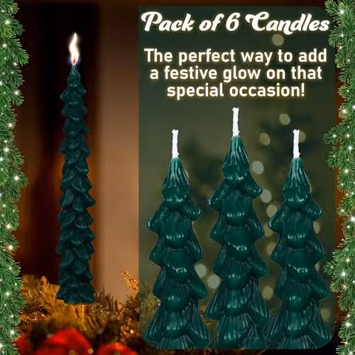 Deco Express Christmas Tree Dinner Candles, Green and Gold, Set of 6 – 5