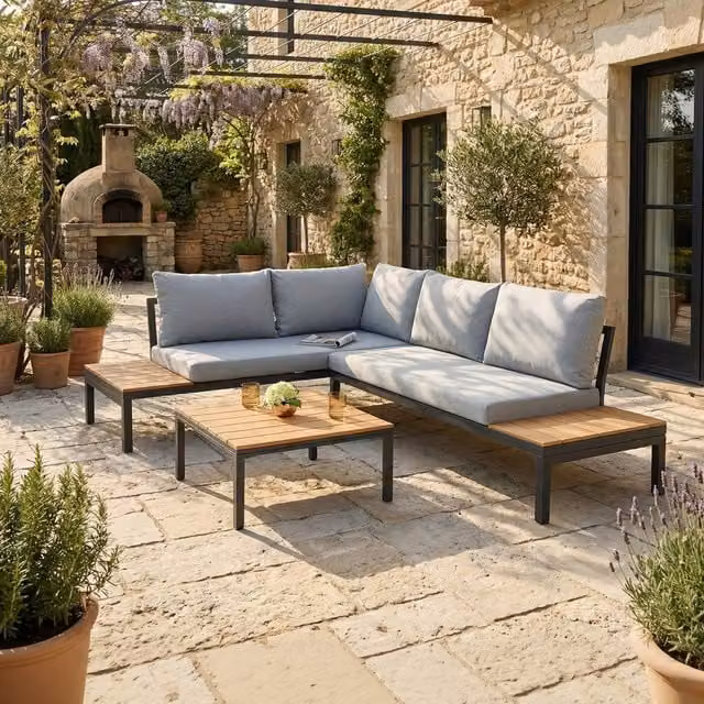 Home Garden Direct Rhea 4 Seater L-Shape Garden Set with Corner Sofa, Platform Table and Grey Upholstered Cushions