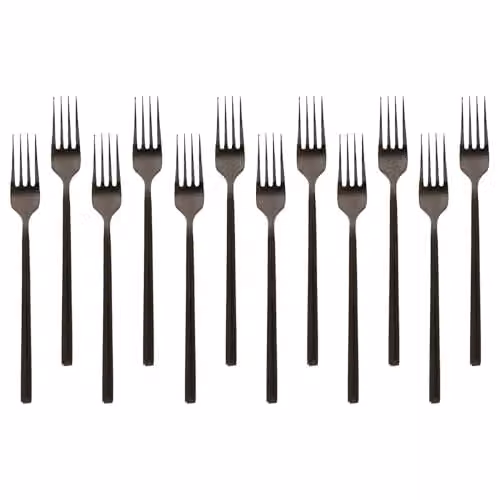 Argon Tableware Stainless Steel Dinner Forks, 12 Pack, Matte Black Finish