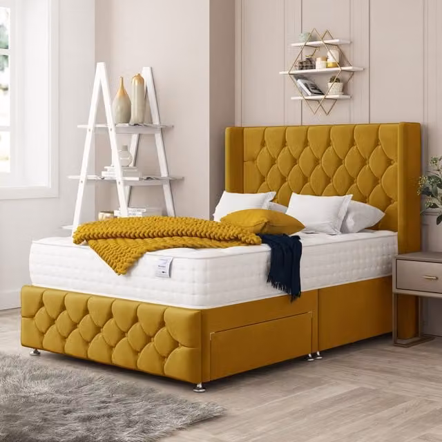 Bed Choices Elena Upholstered Velvet Divan Bed with 2 Drawers, Mattress and 26 inch Headboard in Yellow, Super King, W/D/H: 200 x 200 cm