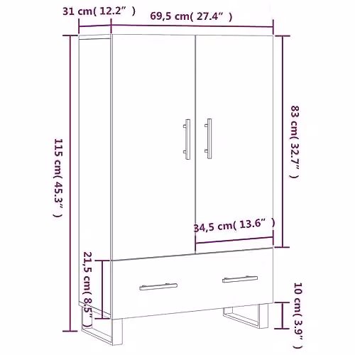 vidaXL Modern Grey Highboard with Hinged Doors and Internal Shelves, W/D/H: 69.5 x 31 x 115 cm – 3