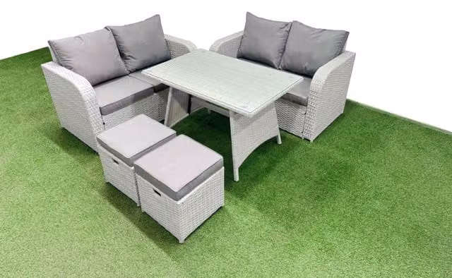 Fimous 6 Seater Rattan Garden Furniture Set in Light Grey with L-Shape Sofa, Ottoman and Coffee Table