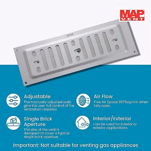 MAP Aluminium Adjustable Single Brick Hit and Miss Air Vent Grille in Silver, W: 22.8 cm, H: 7.62 cm – 2