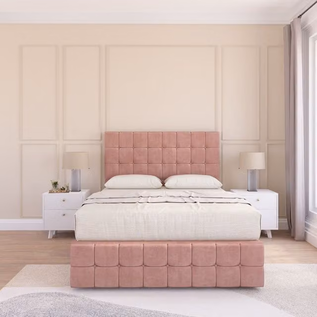 Sloomy Berlin Divan Bed Set with 2 Drawers and Footend in Pink Plush Velvet, Small Double
