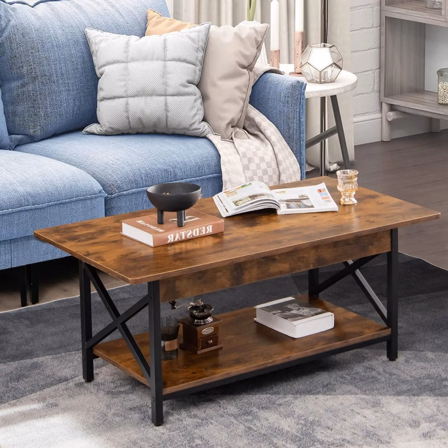Costway 2-Tier Industrial Coffee Table with Storage Shelf in Brown – 3