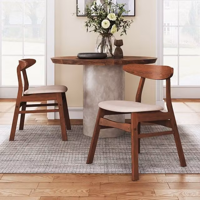 Livingandhome Set of 2 Mid-Century Upholstered Dining Chairs with Curved Backrest and Rubberwood Legs in Beige
